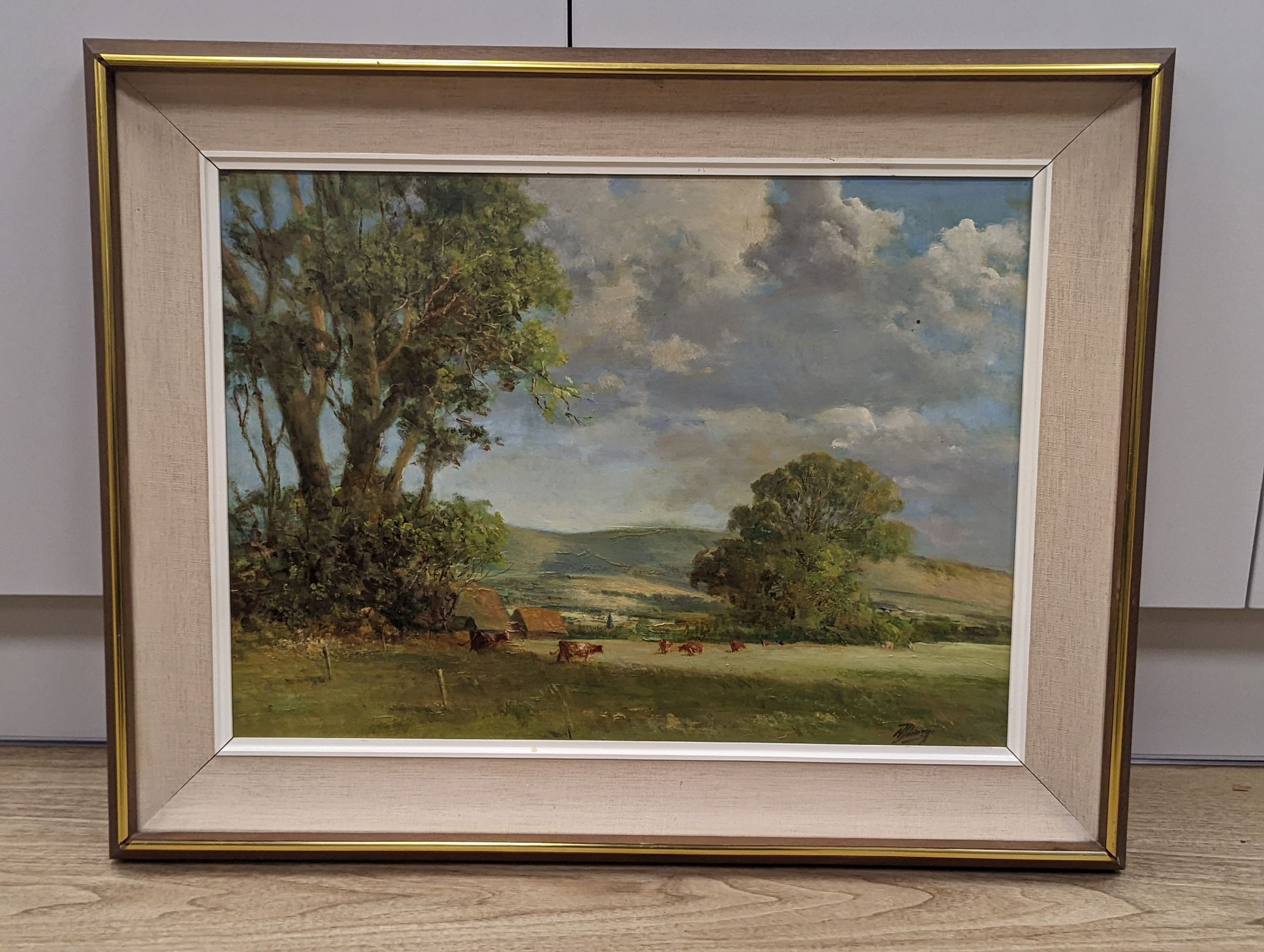 Norman Dinnage (20th century), oil on board, 'View of South Downs, cattle in the foreground' 39cm x 54 cm, signed